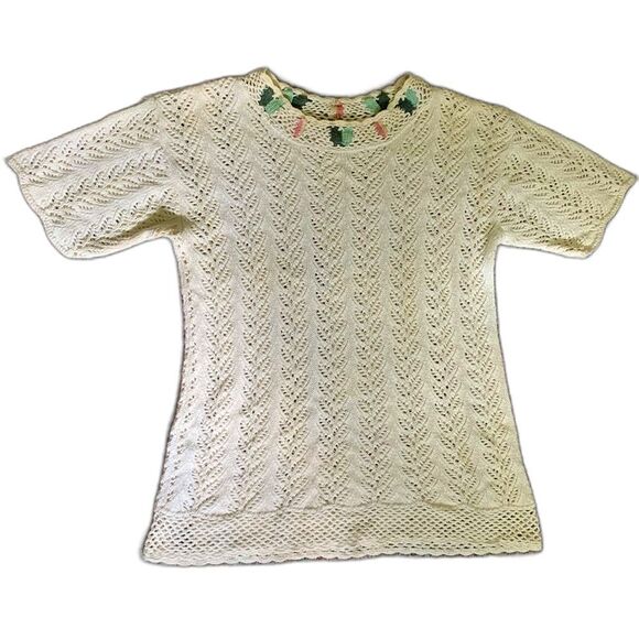 Vintage 80s Gina Peters Ivory Open Leaf Crochet Short Sleeve Tunic Sweater Sz L - Picture 10 of 12